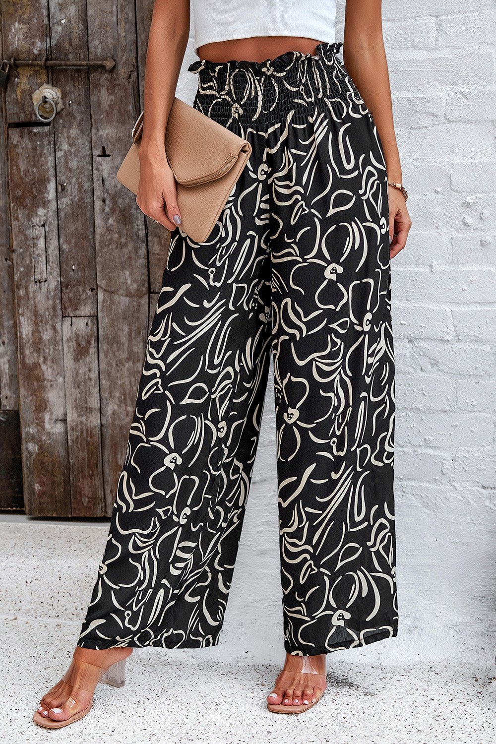 Devine Smocked Printed Wide Leg Pants with Pockets - Bitsy Gypsy Boutique