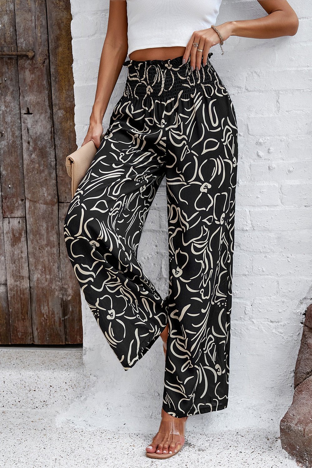 Devine Smocked Printed Wide Leg Pants with Pockets - Bitsy Gypsy Boutique