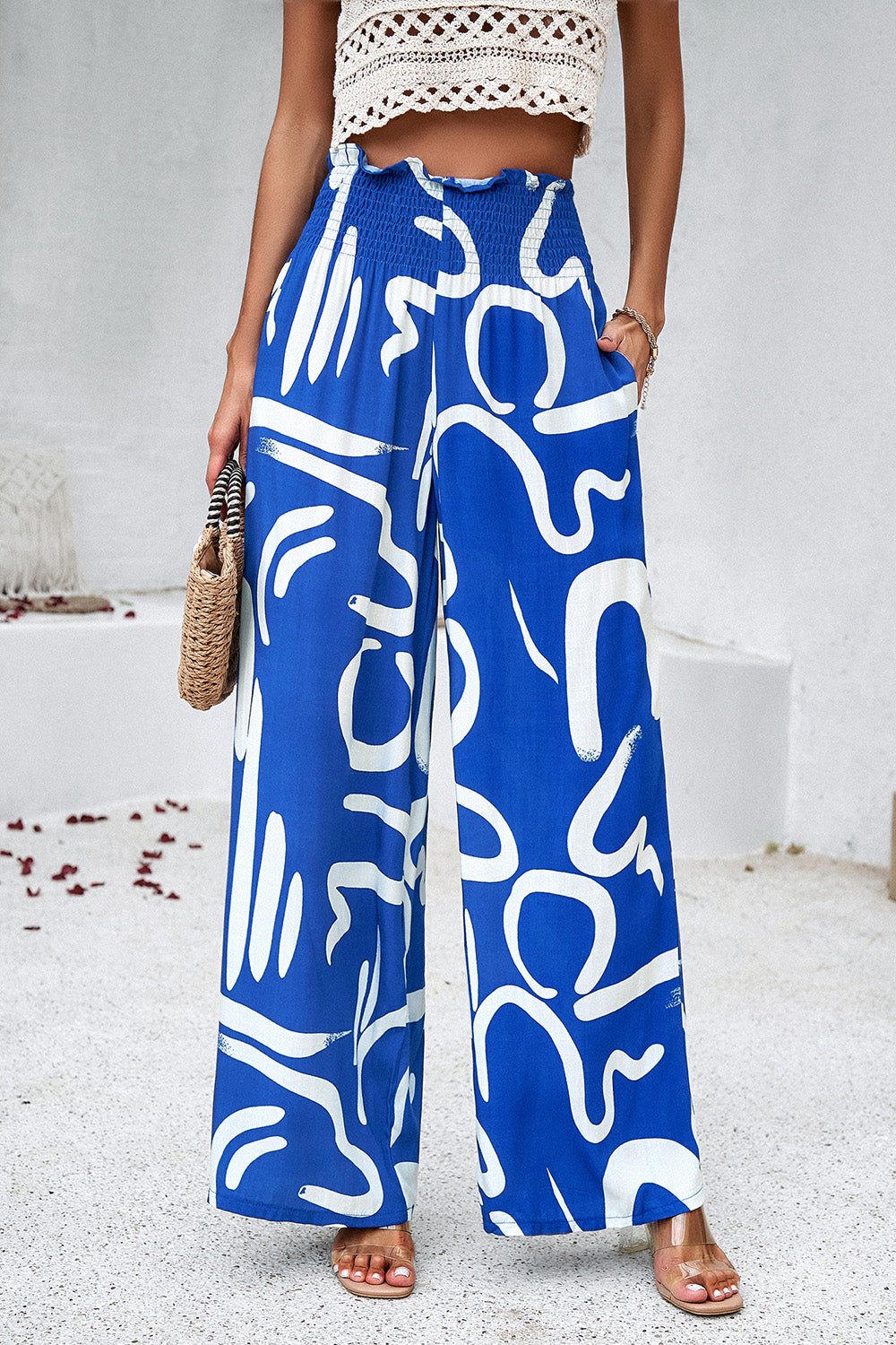 Devine Smocked Printed Wide Leg Pants with Pockets - Bitsy Gypsy Boutique