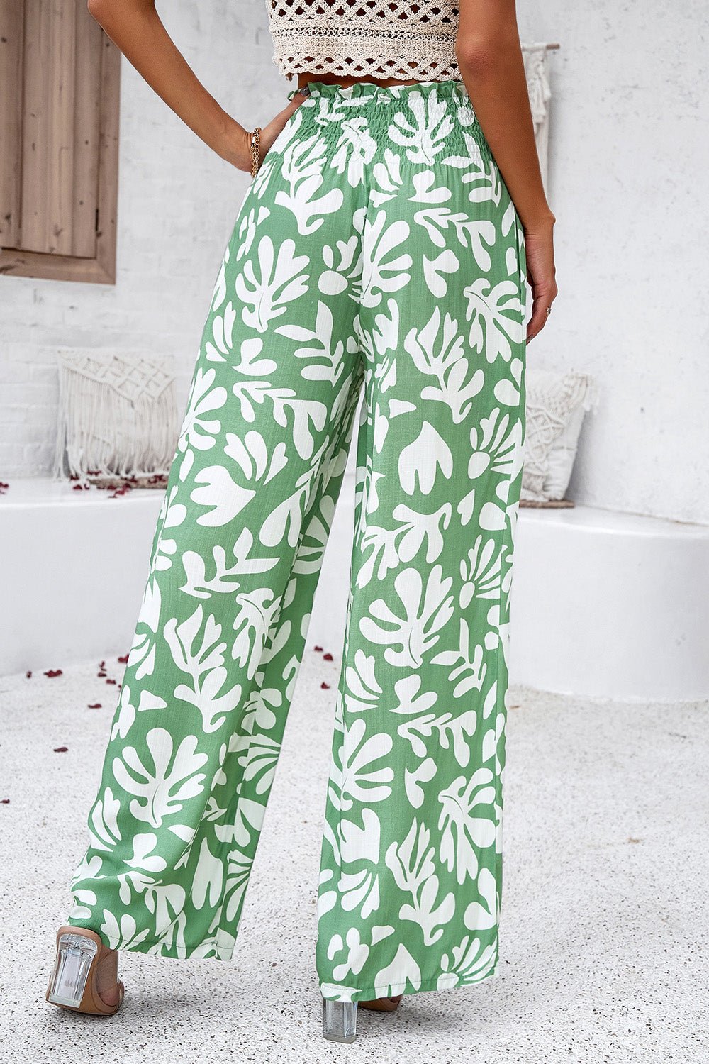 Devine Smocked Printed Wide Leg Pants with Pockets - Bitsy Gypsy Boutique