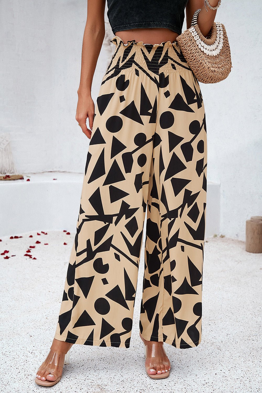 Devine Smocked Printed Wide Leg Pants with Pockets - Bitsy Gypsy Boutique