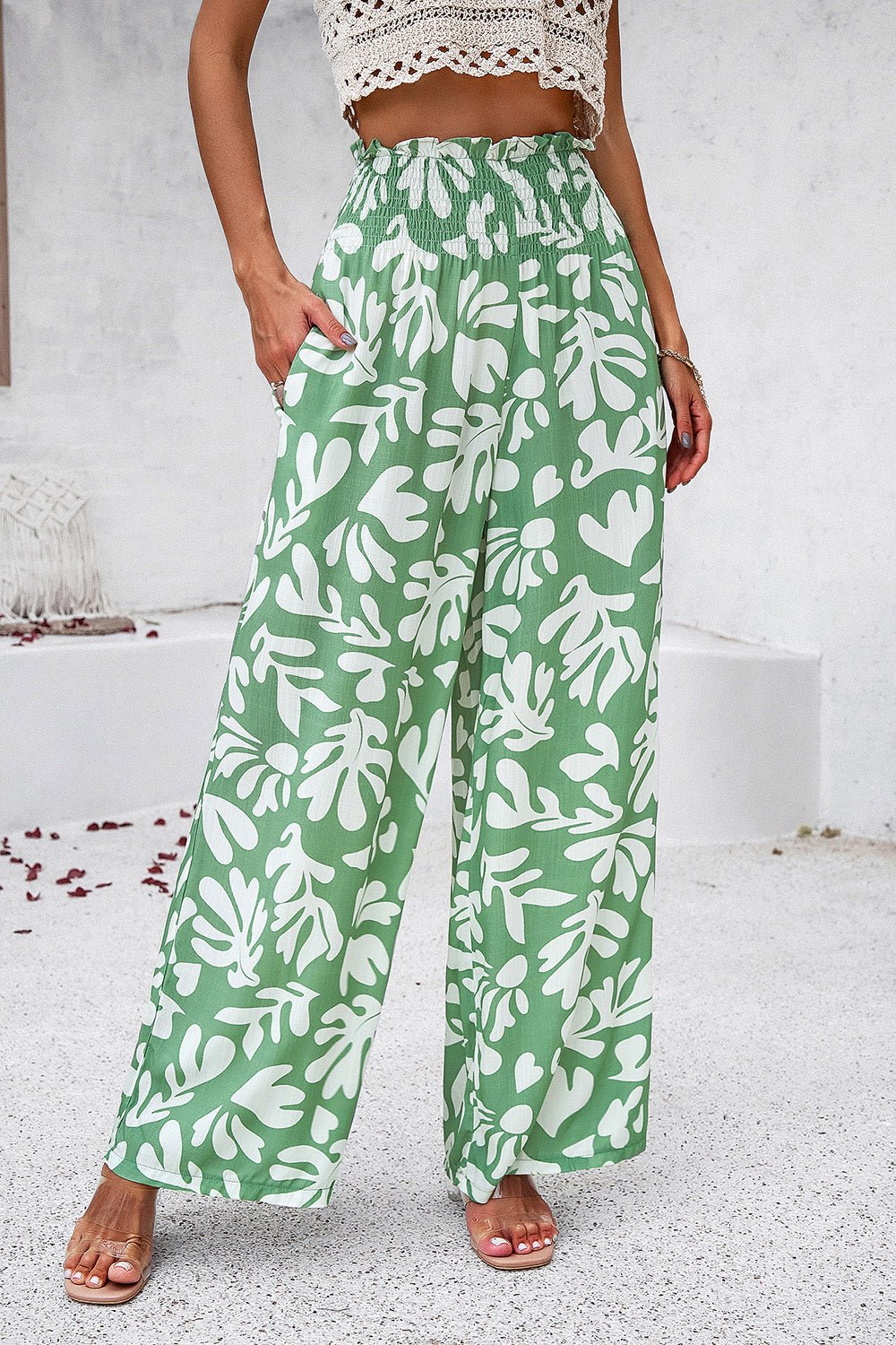 Devine Smocked Printed Wide Leg Pants with Pockets - Bitsy Gypsy Boutique