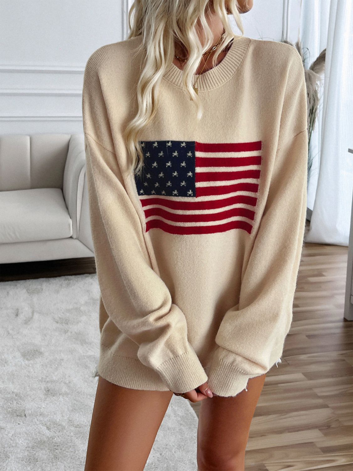 Devine US Flag Round Neck Long Sleeve Knit Top - Bitsy Gypsy Boutique