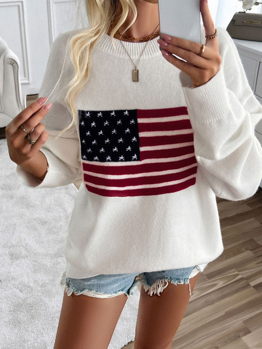 Devine US Flag Round Neck Long Sleeve Knit Top - Bitsy Gypsy Boutique