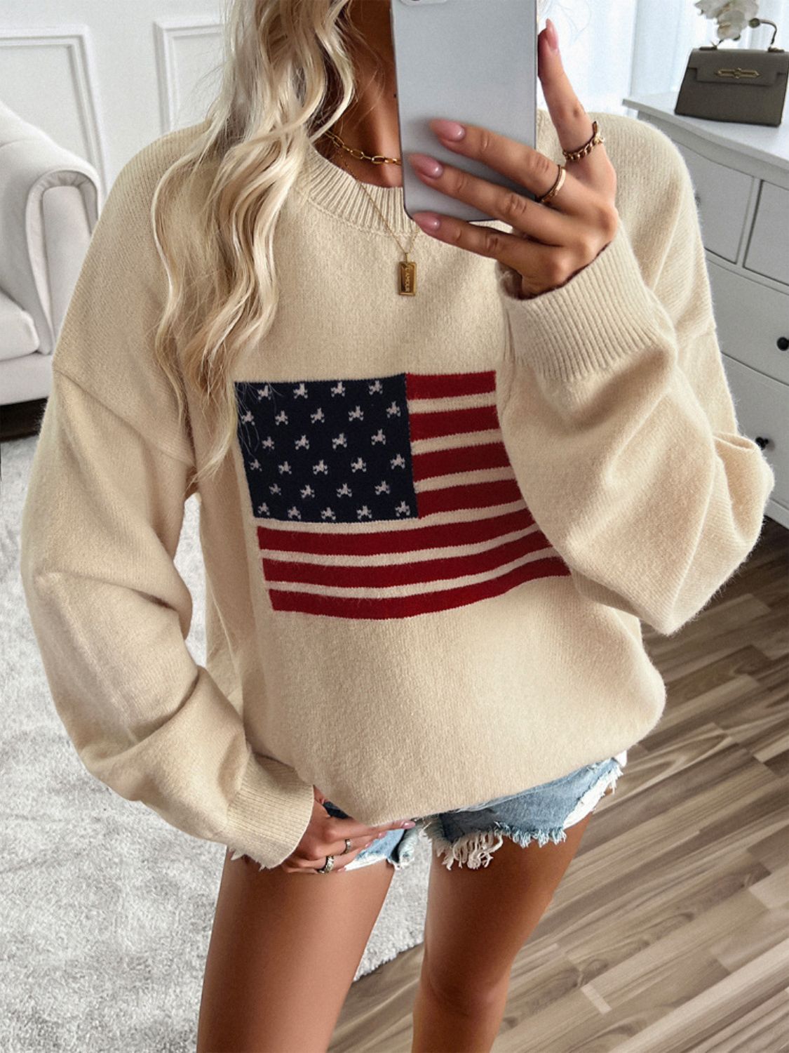 Devine US Flag Round Neck Long Sleeve Knit Top - Bitsy Gypsy Boutique