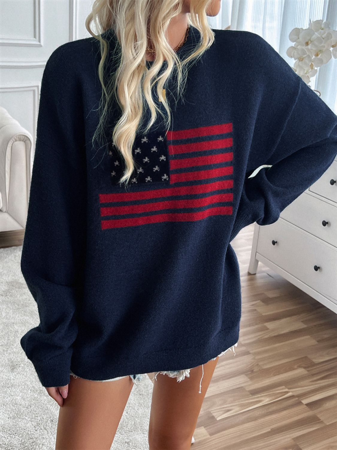 Devine US Flag Round Neck Long Sleeve Knit Top - Bitsy Gypsy Boutique