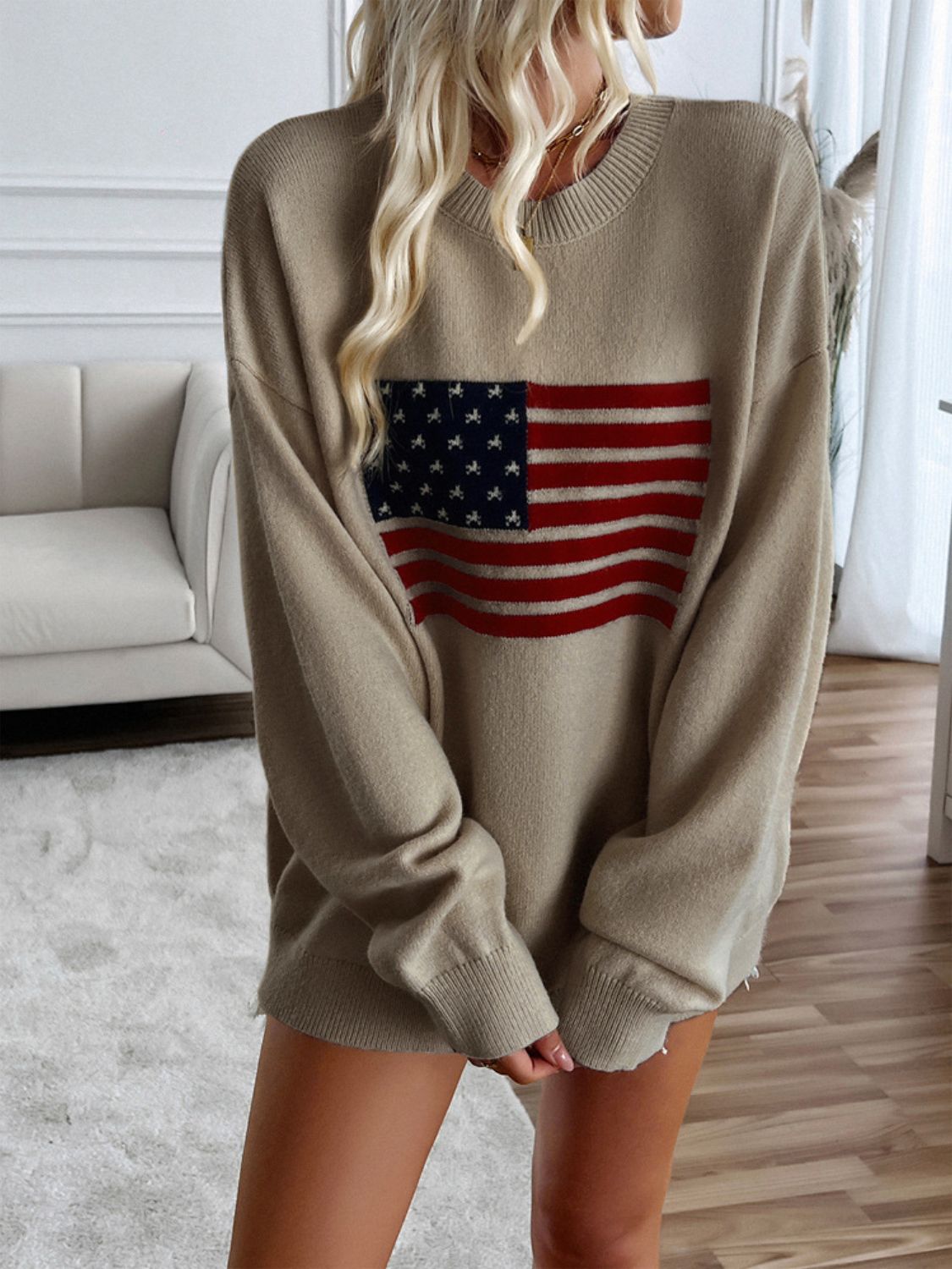 Devine US Flag Round Neck Long Sleeve Knit Top - Bitsy Gypsy Boutique