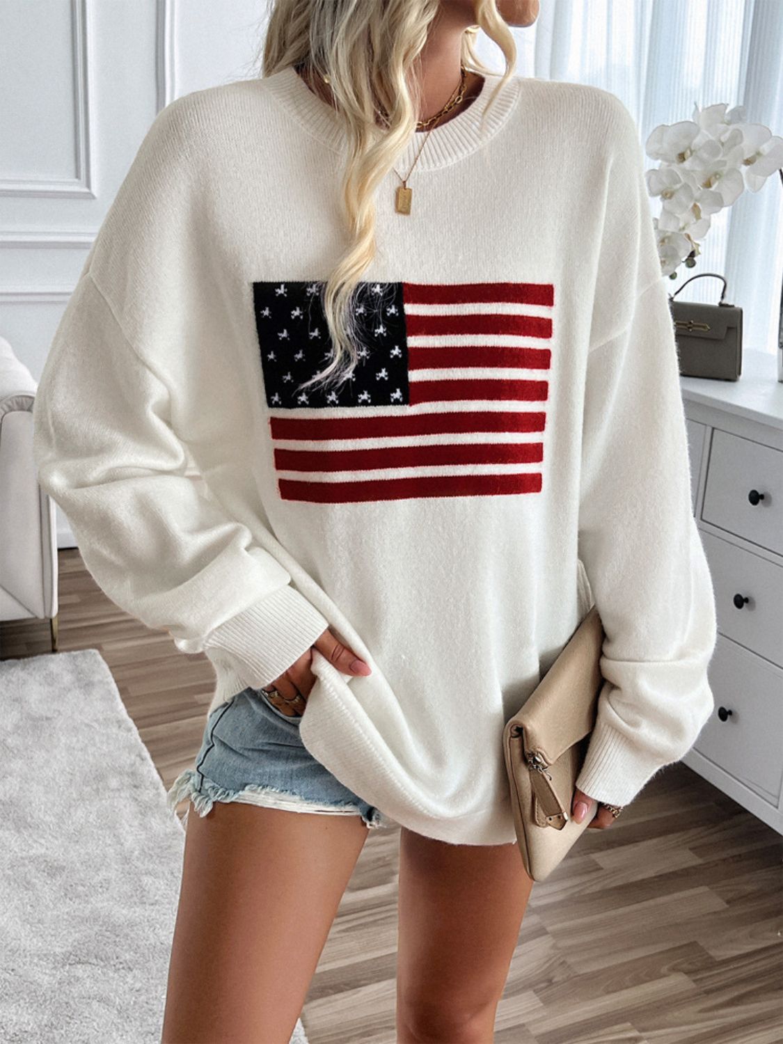 Devine US Flag Round Neck Long Sleeve Knit Top - Bitsy Gypsy Boutique