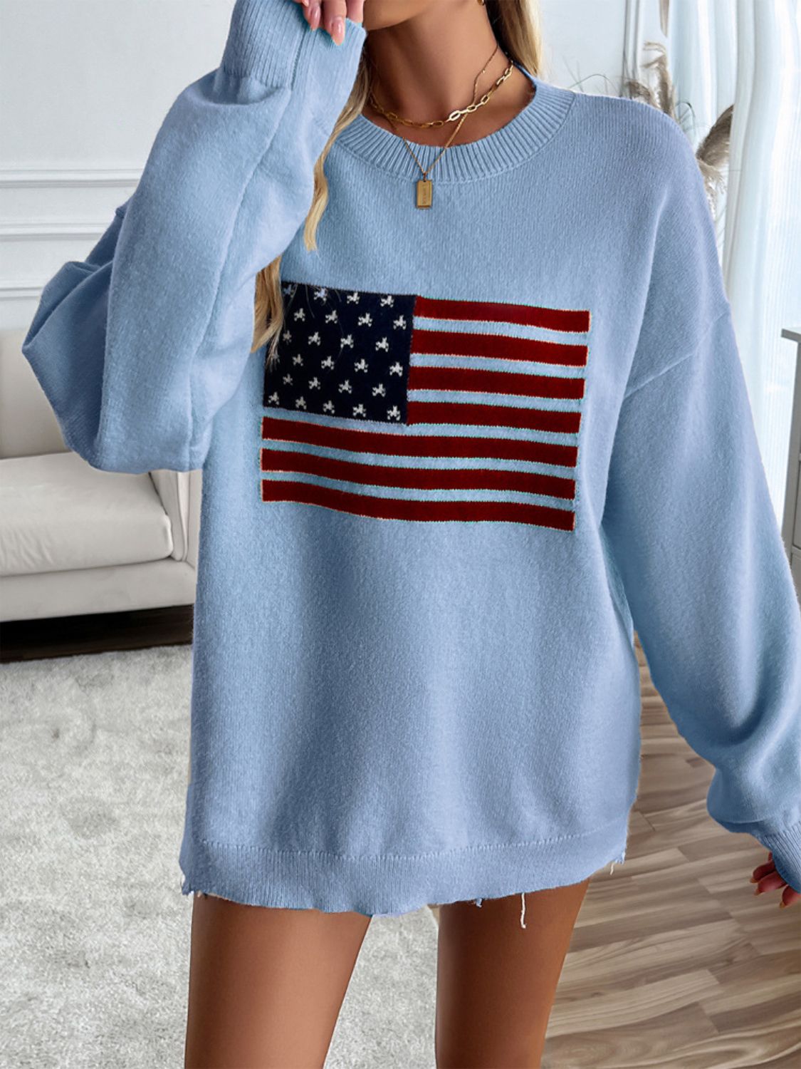 Devine US Flag Round Neck Long Sleeve Knit Top - Bitsy Gypsy Boutique