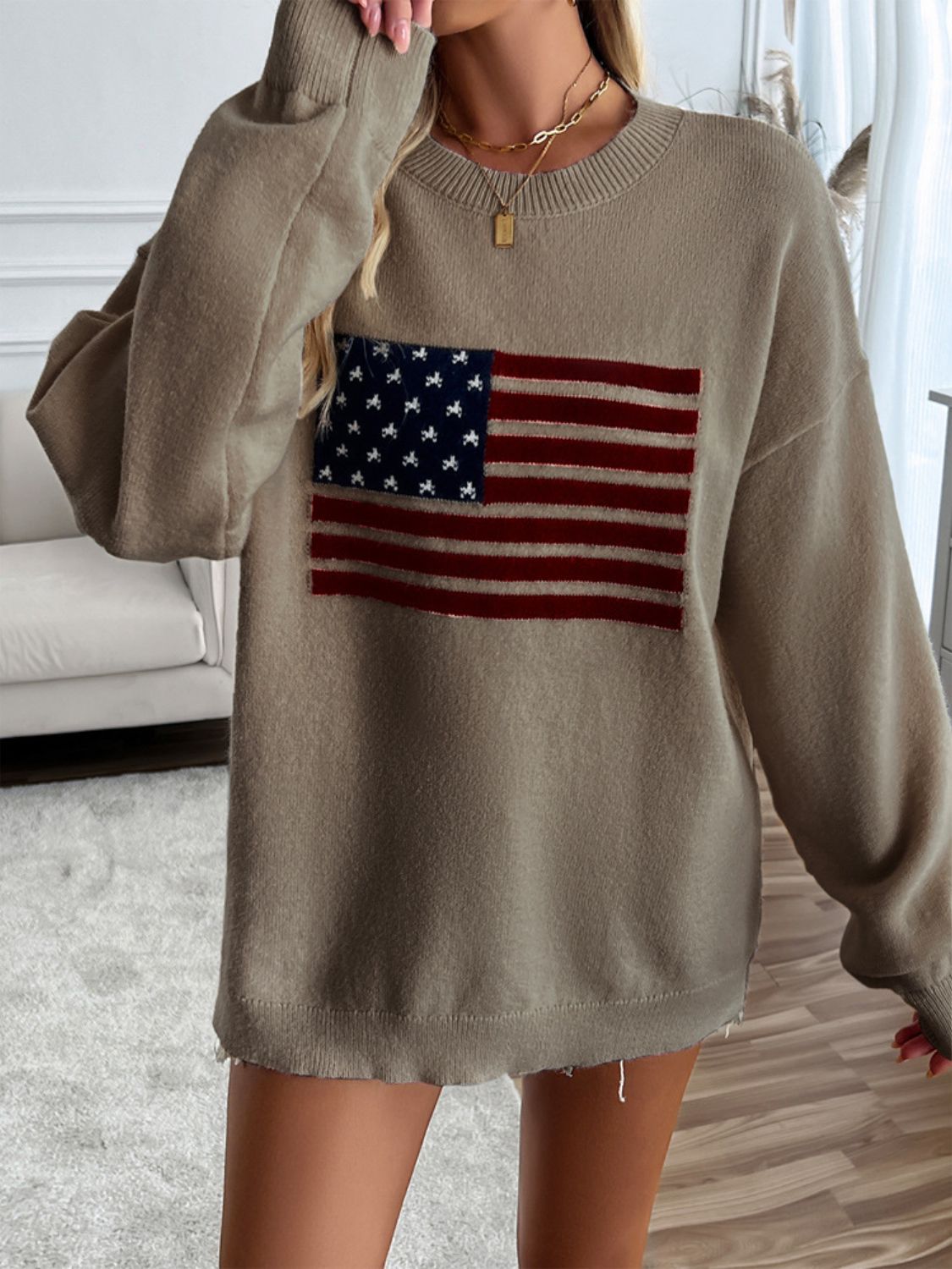 Devine US Flag Round Neck Long Sleeve Knit Top - Bitsy Gypsy Boutique