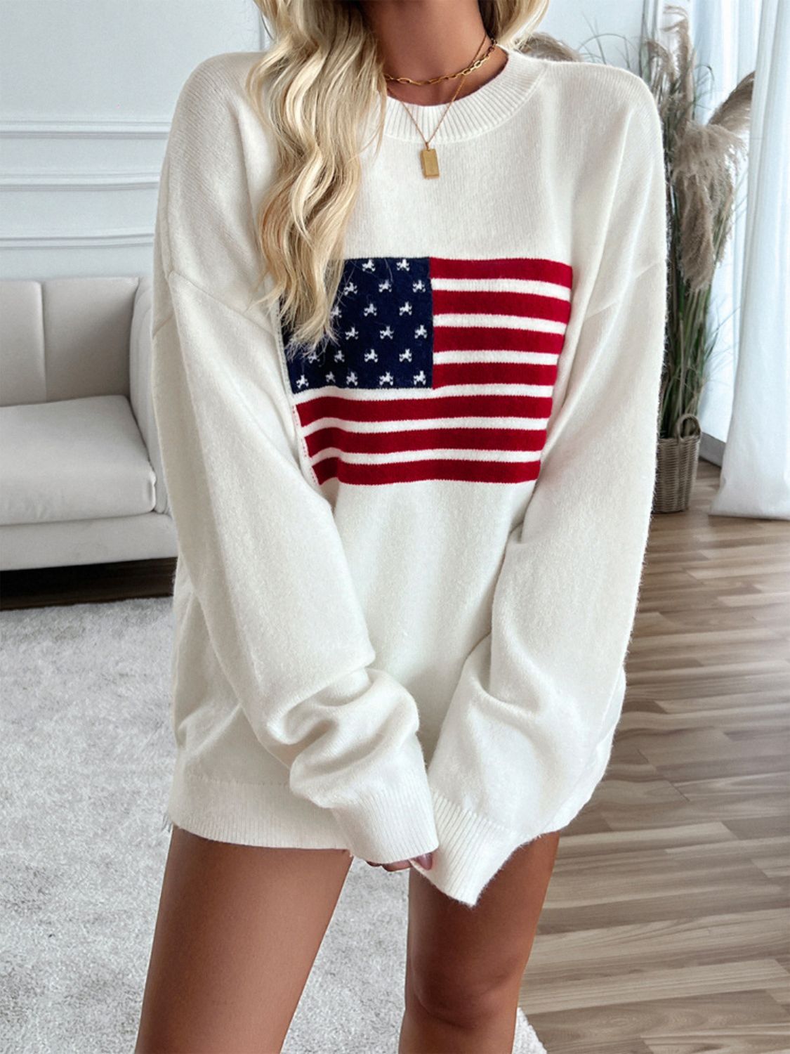 Devine US Flag Round Neck Long Sleeve Knit Top - Bitsy Gypsy Boutique