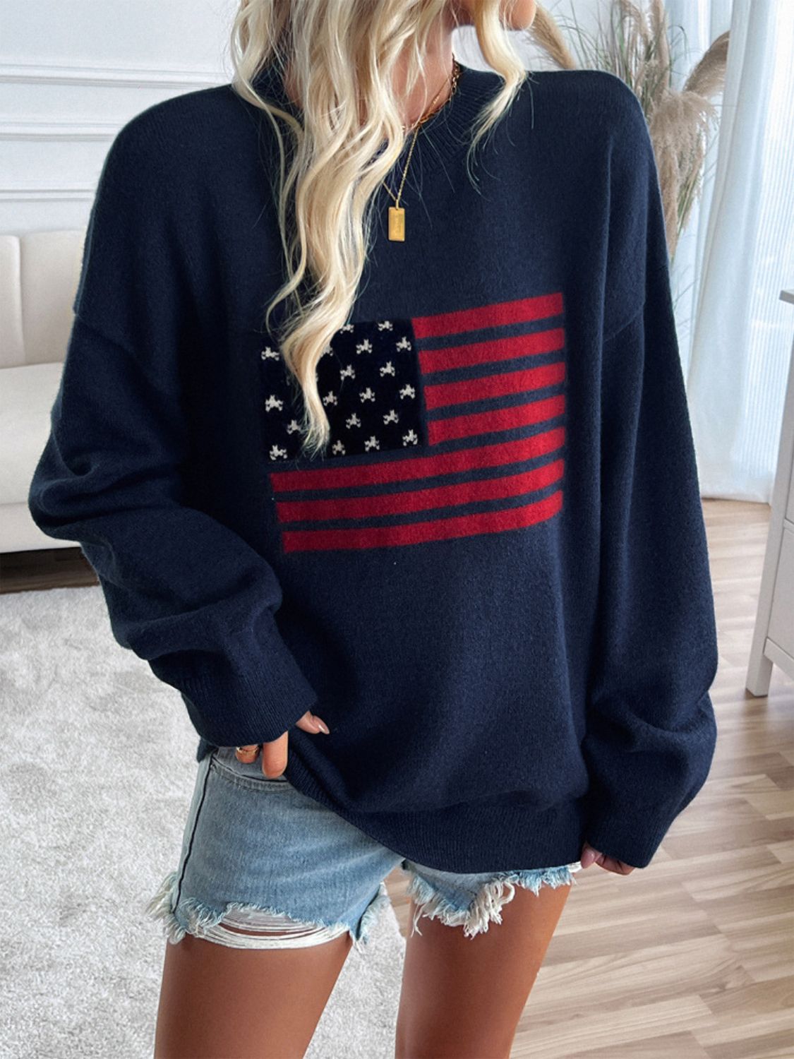 Devine US Flag Round Neck Long Sleeve Knit Top - Bitsy Gypsy Boutique