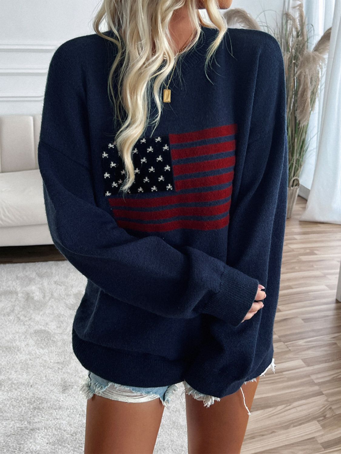 Devine US Flag Round Neck Long Sleeve Knit Top - Bitsy Gypsy Boutique