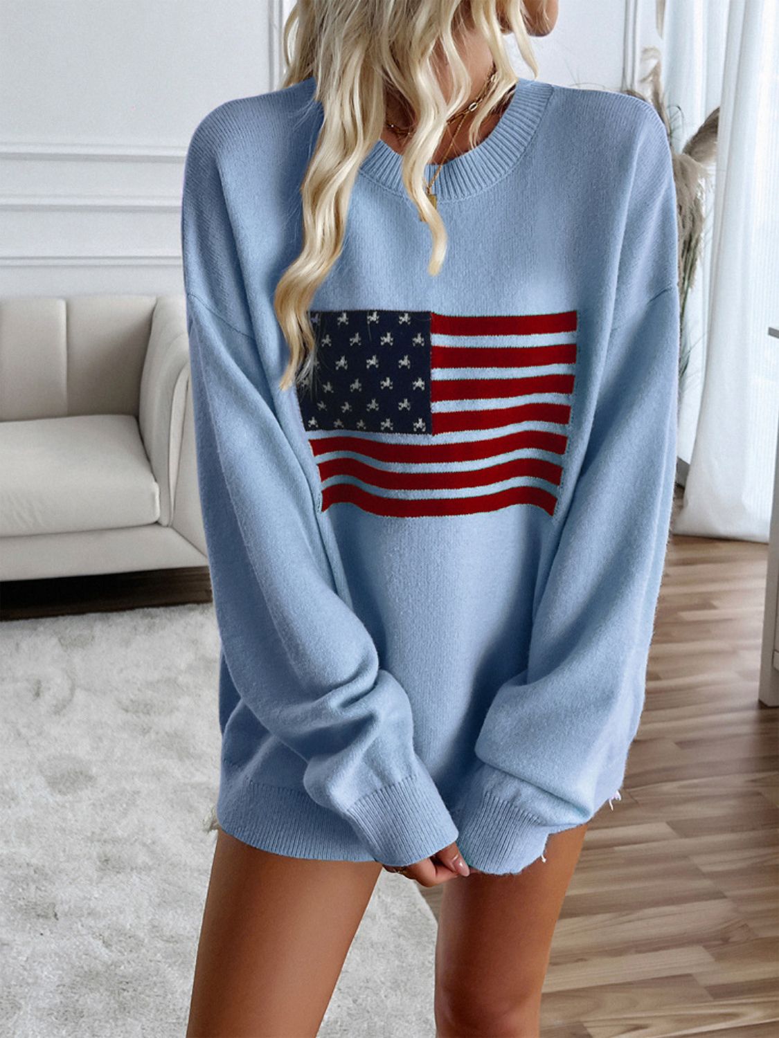 Devine US Flag Round Neck Long Sleeve Knit Top - Bitsy Gypsy Boutique