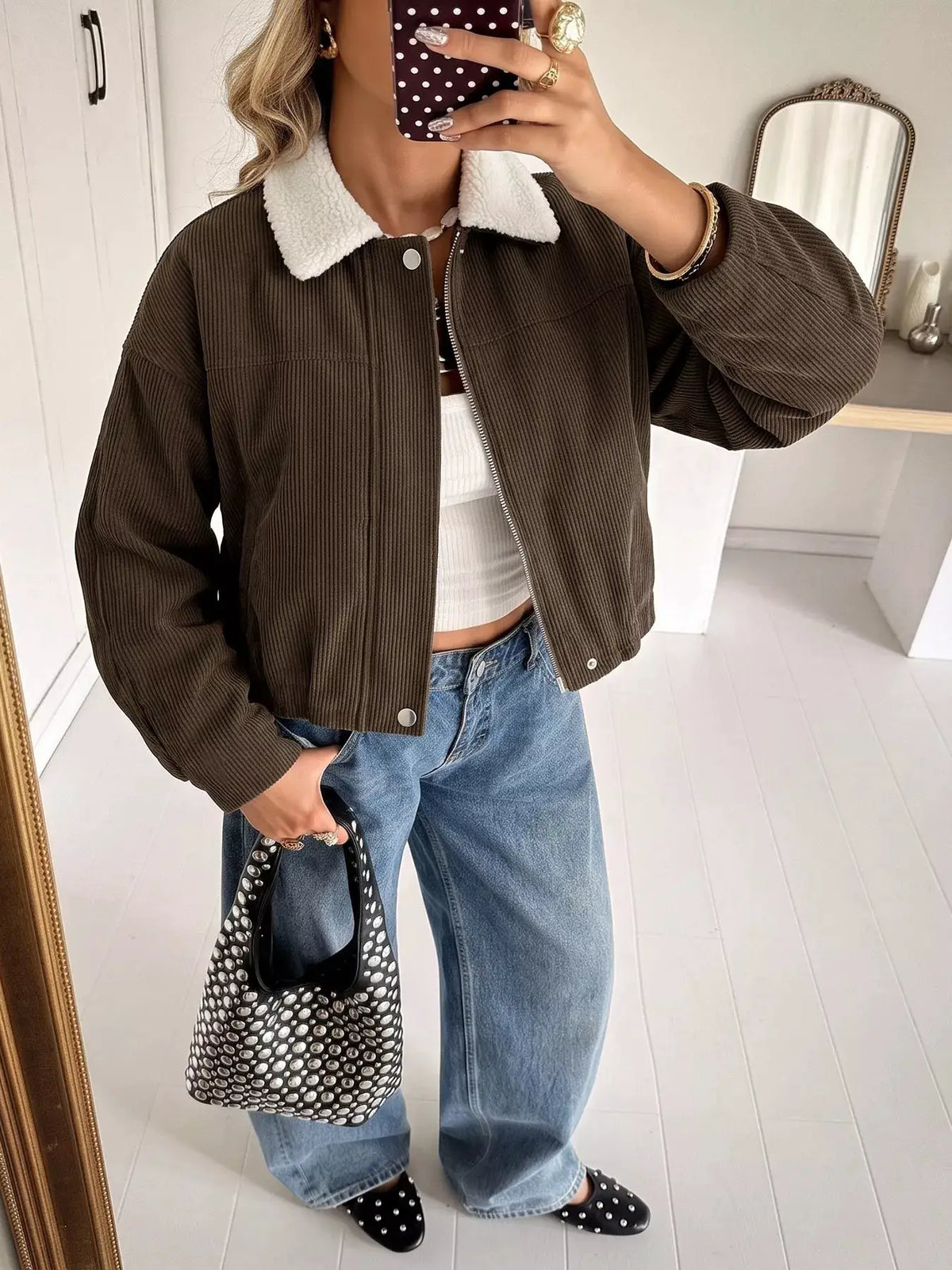 Contrast Sherpa Collar Corduroy Zip Up Jacket by Trendsi