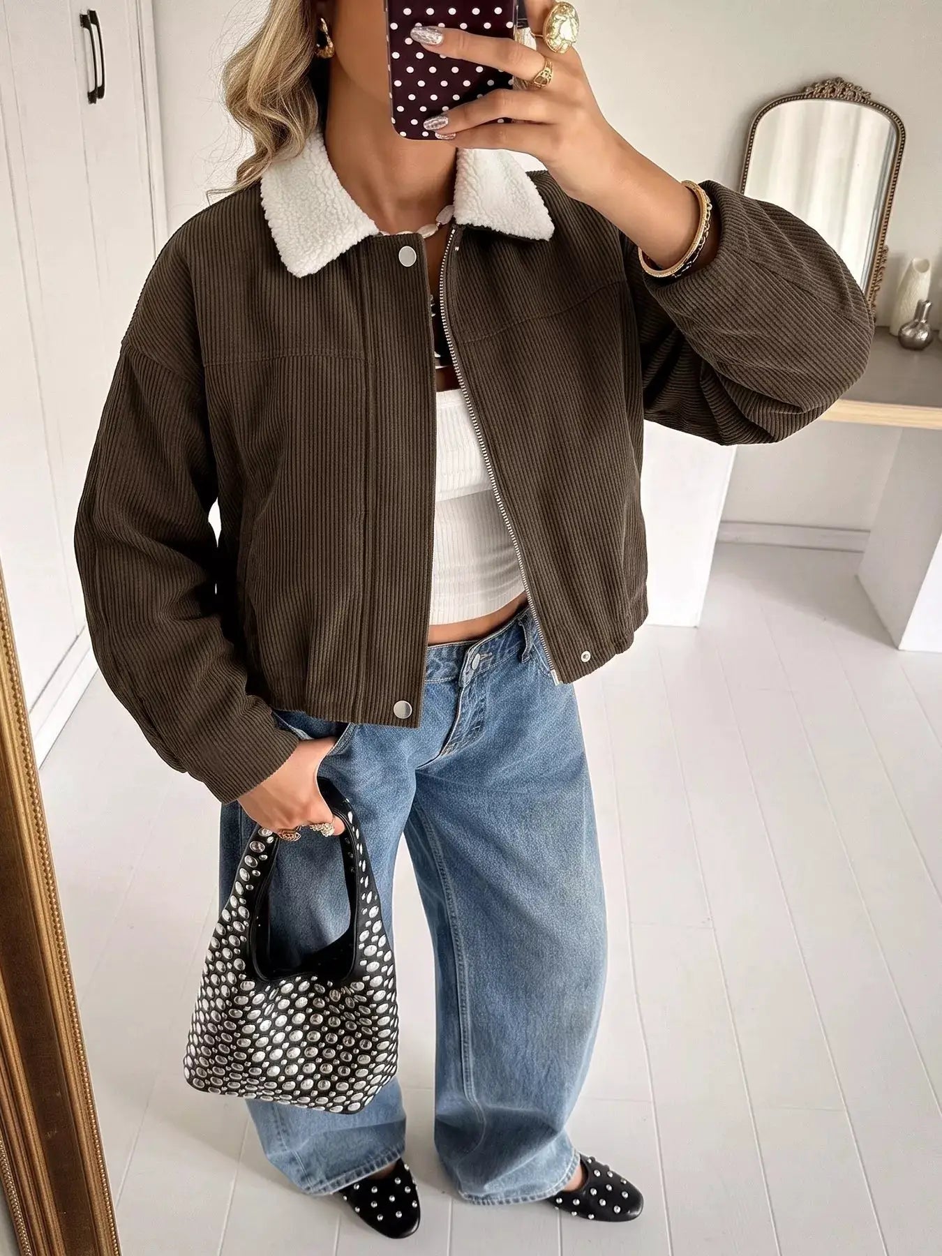 Contrast Sherpa Collar Corduroy Zip Up Jacket by Trendsi