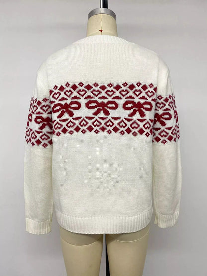 Bow Pattern Long Sleeve Christmas Sweater by Trendsi