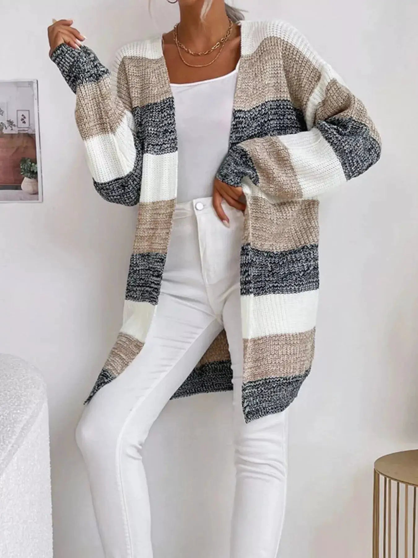 Color Block Striped Open Front Longline Cardigan by Trendsi