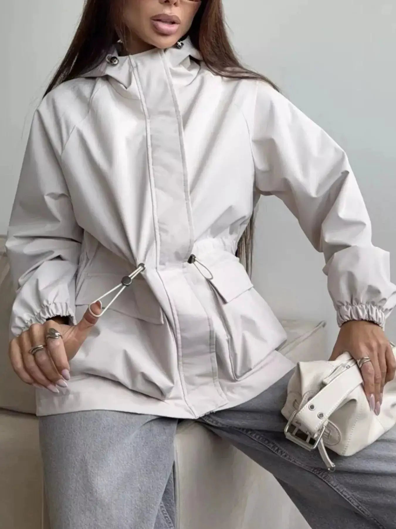 Drawstring Waist Hooded Windbreaker Outerwear by Trendsi