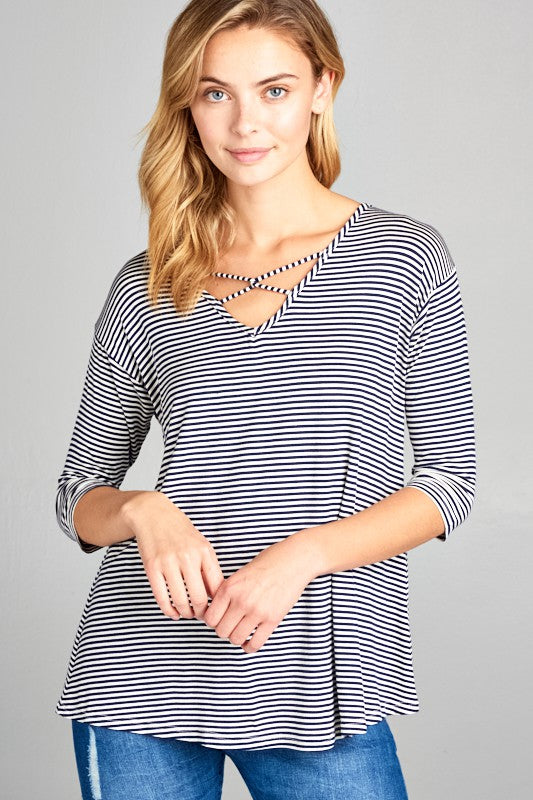 STRIPE JERSEY LACE UP NECK CASUAL TOP