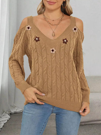 Floral Applique Cold Shoulder Cable Knit Sweater by Trendsi
