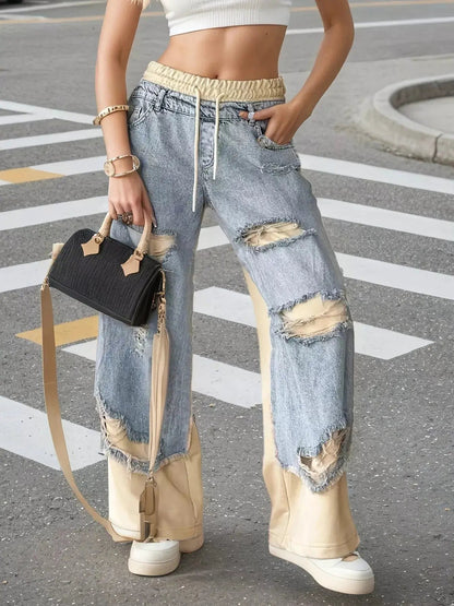 Distressed Denim Patchwork Wide-Leg Pants - Bitsy Gypsy Boutique