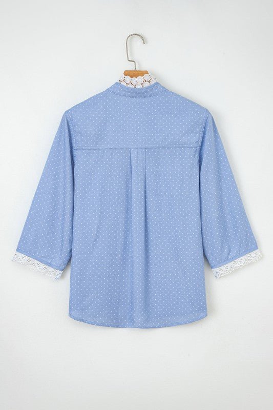 Dotted Denim Lace Trim Collared V - Neck Blouse - Bitsy Gypsy Boutique