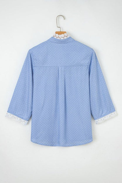 Dotted Denim Lace Trim Collared V - Neck Blouse - Bitsy Gypsy Boutique