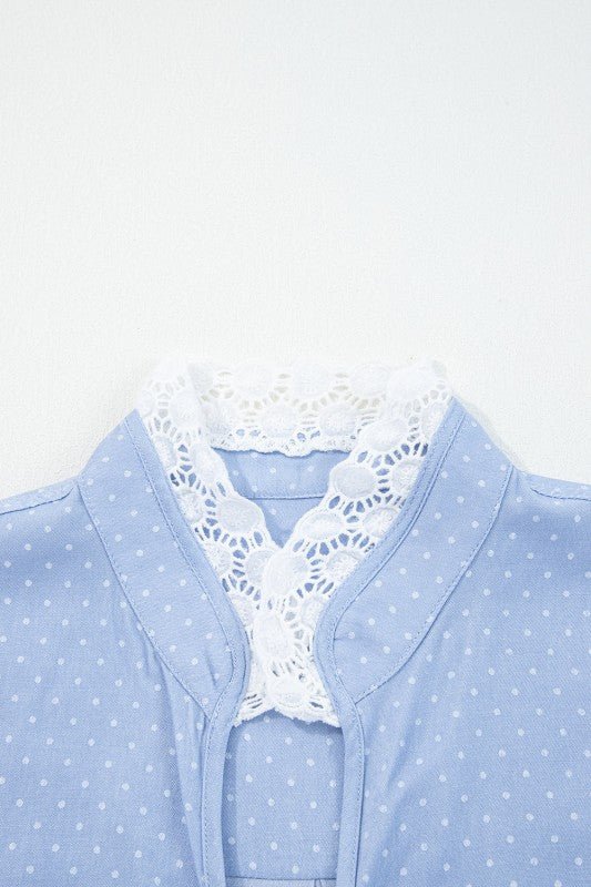 Dotted Denim Lace Trim Collared V - Neck Blouse - Bitsy Gypsy Boutique