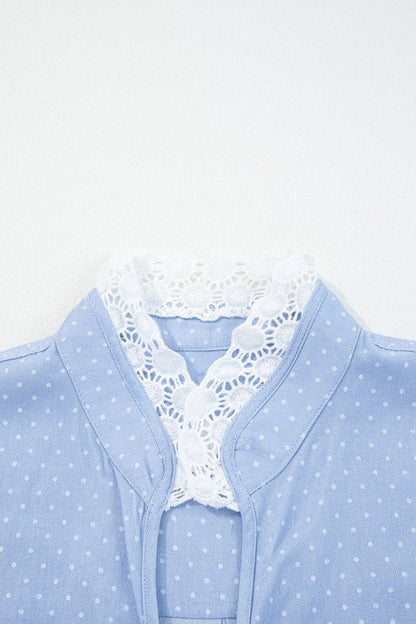 Dotted Denim Lace Trim Collared V - Neck Blouse - Bitsy Gypsy Boutique