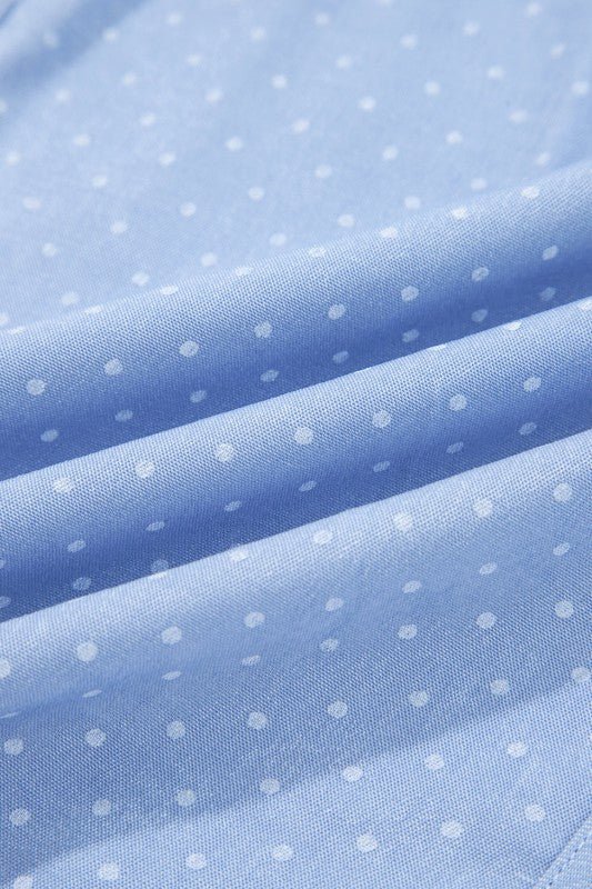 Dotted Denim Lace Trim Collared V - Neck Blouse - Bitsy Gypsy Boutique