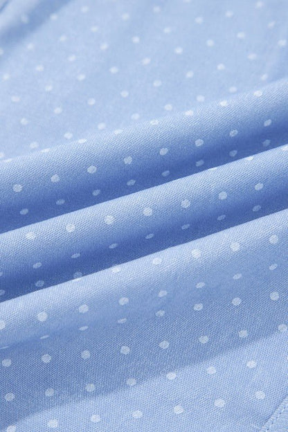 Dotted Denim Lace Trim Collared V - Neck Blouse - Bitsy Gypsy Boutique