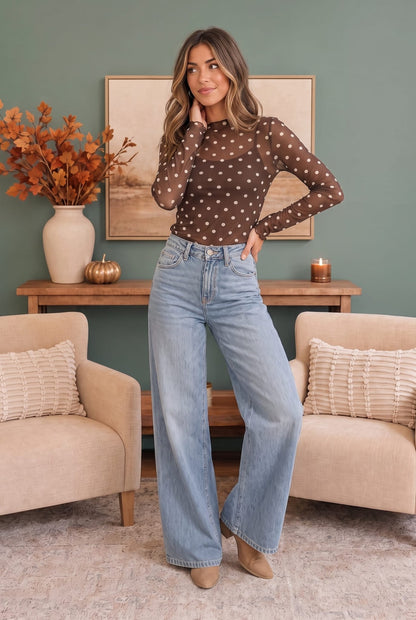 Dotted Dreams Sheer Mesh Mock Neck Top - Bitsy Gypsy Boutique