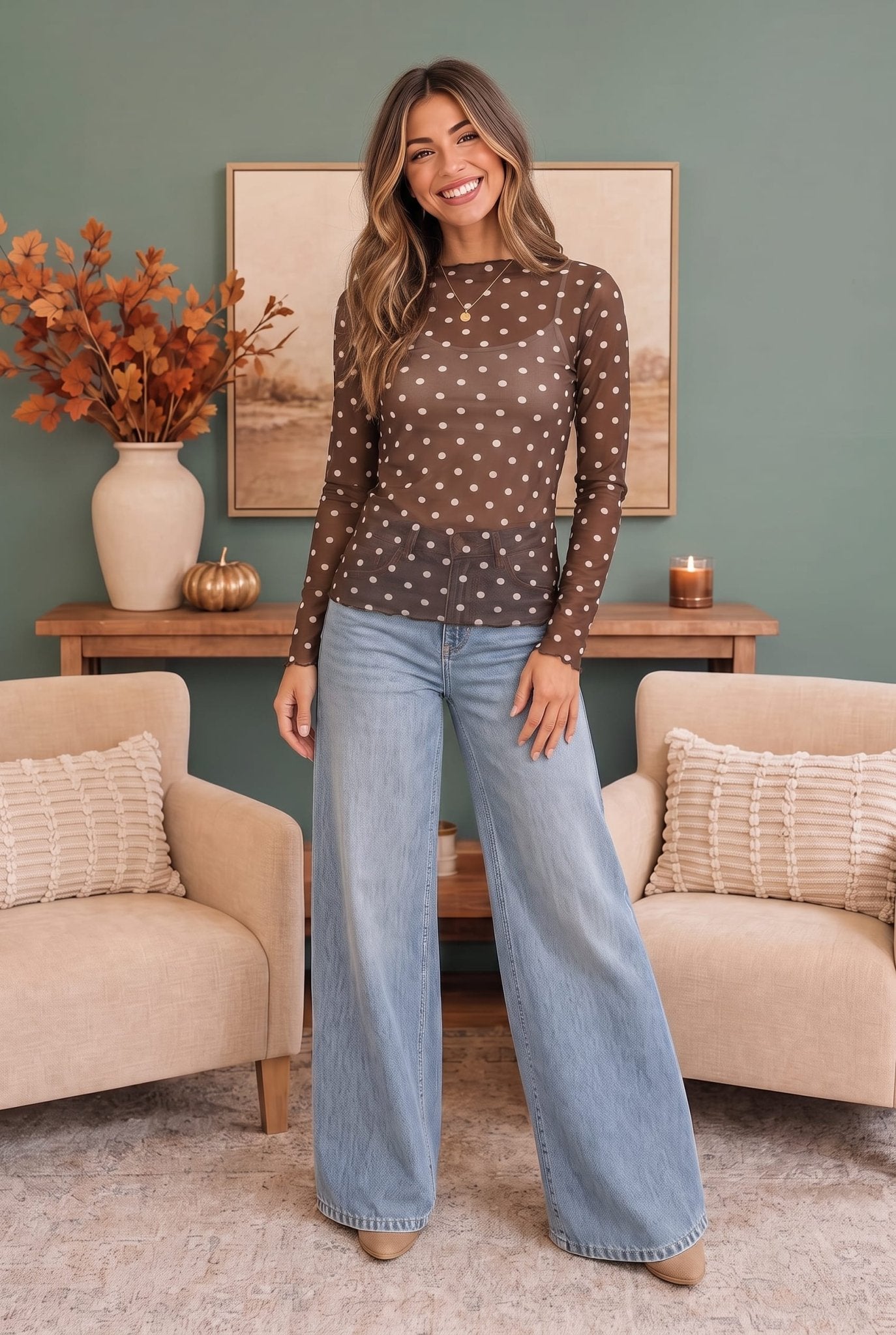 Dotted Dreams Sheer Mesh Mock Neck Top - Bitsy Gypsy Boutique
