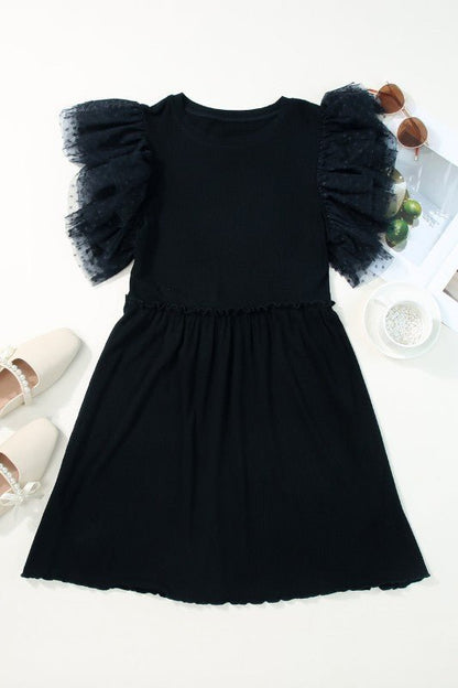 Dotted Mesh Ruffle Sleeve Ribbed Babydoll Dress - Bitsy Gypsy Boutique