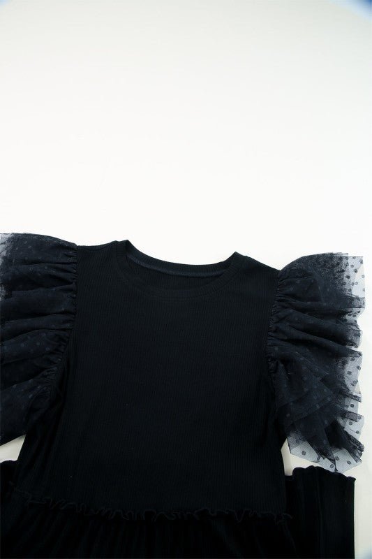 Dotted Mesh Ruffle Sleeve Ribbed Babydoll Dress - Bitsy Gypsy Boutique