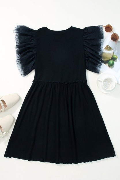 Dotted Mesh Ruffle Sleeve Ribbed Babydoll Dress - Bitsy Gypsy Boutique