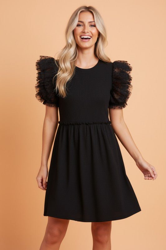 Dotted Mesh Ruffle Sleeve Ribbed Babydoll Dress - Bitsy Gypsy Boutique
