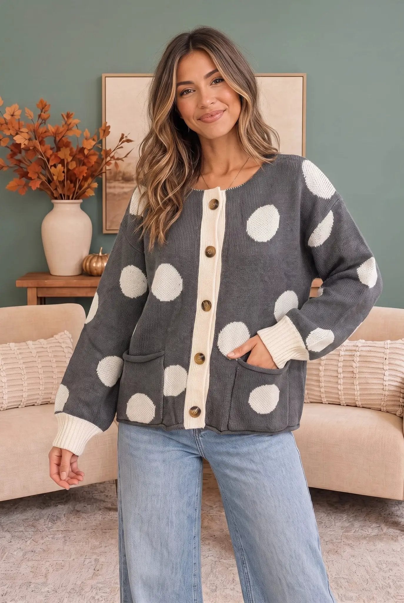 Dotty For You Charcoal Polka Dot Knit Cardigan by Haptics