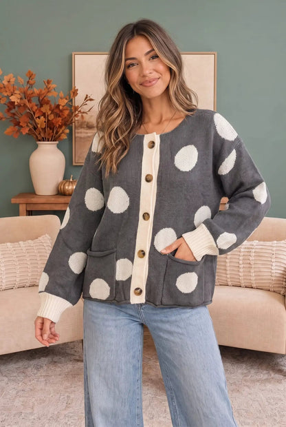 Dotty For You Charcoal Polka Dot Knit Cardigan by Haptics