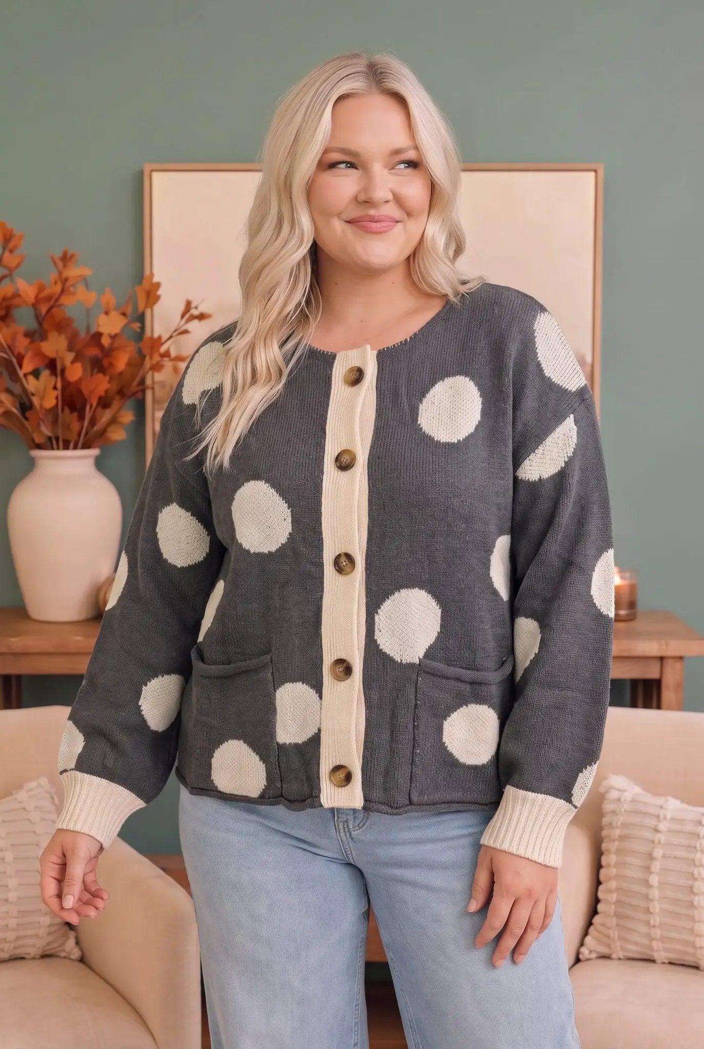 Dotty For You Charcoal Polka Dot Knit Cardigan by Haptics