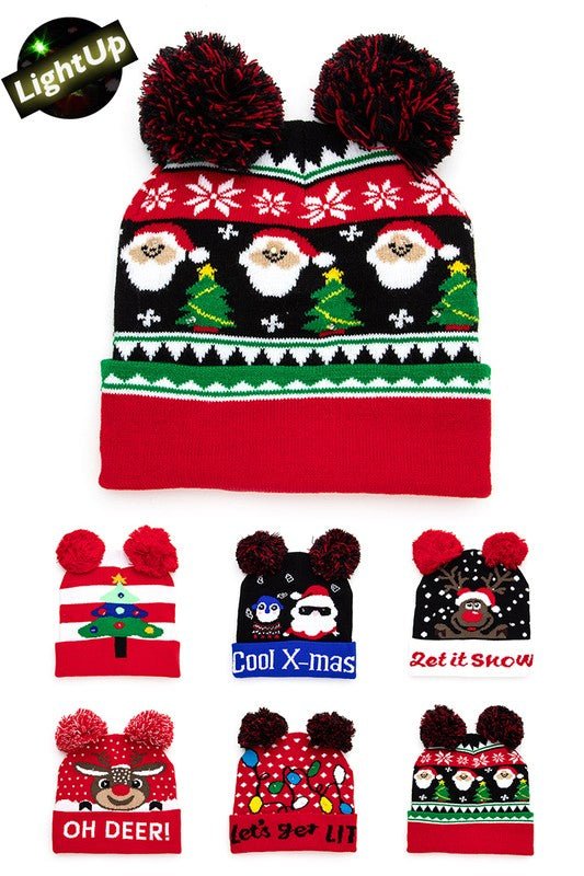 Double Pom Pom LED Christmas Light Up Beanies Set - Bitsy Gypsy Boutique