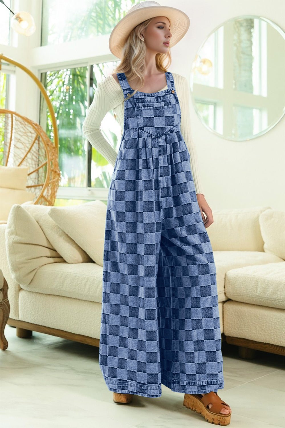 Double Take Checkered Sleeveless Wide Leg Denim Jumpsuit - Bitsy Gypsy Boutique