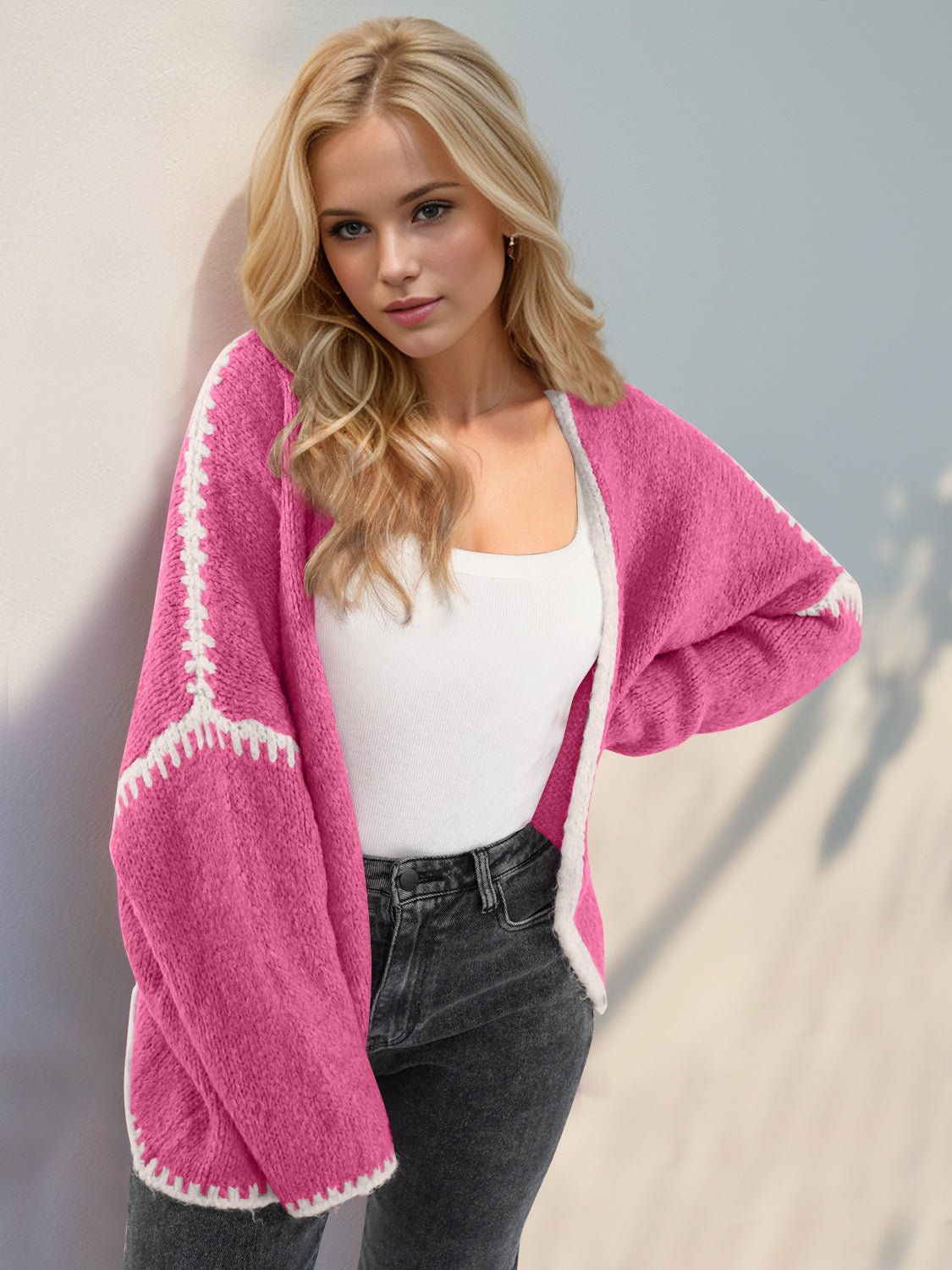 Double Take Contrast Open Front Dropped Shoulder Cardigan - Bitsy Gypsy Boutique