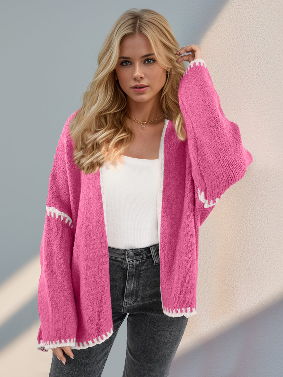 Double Take Contrast Open Front Dropped Shoulder Cardigan - Bitsy Gypsy Boutique