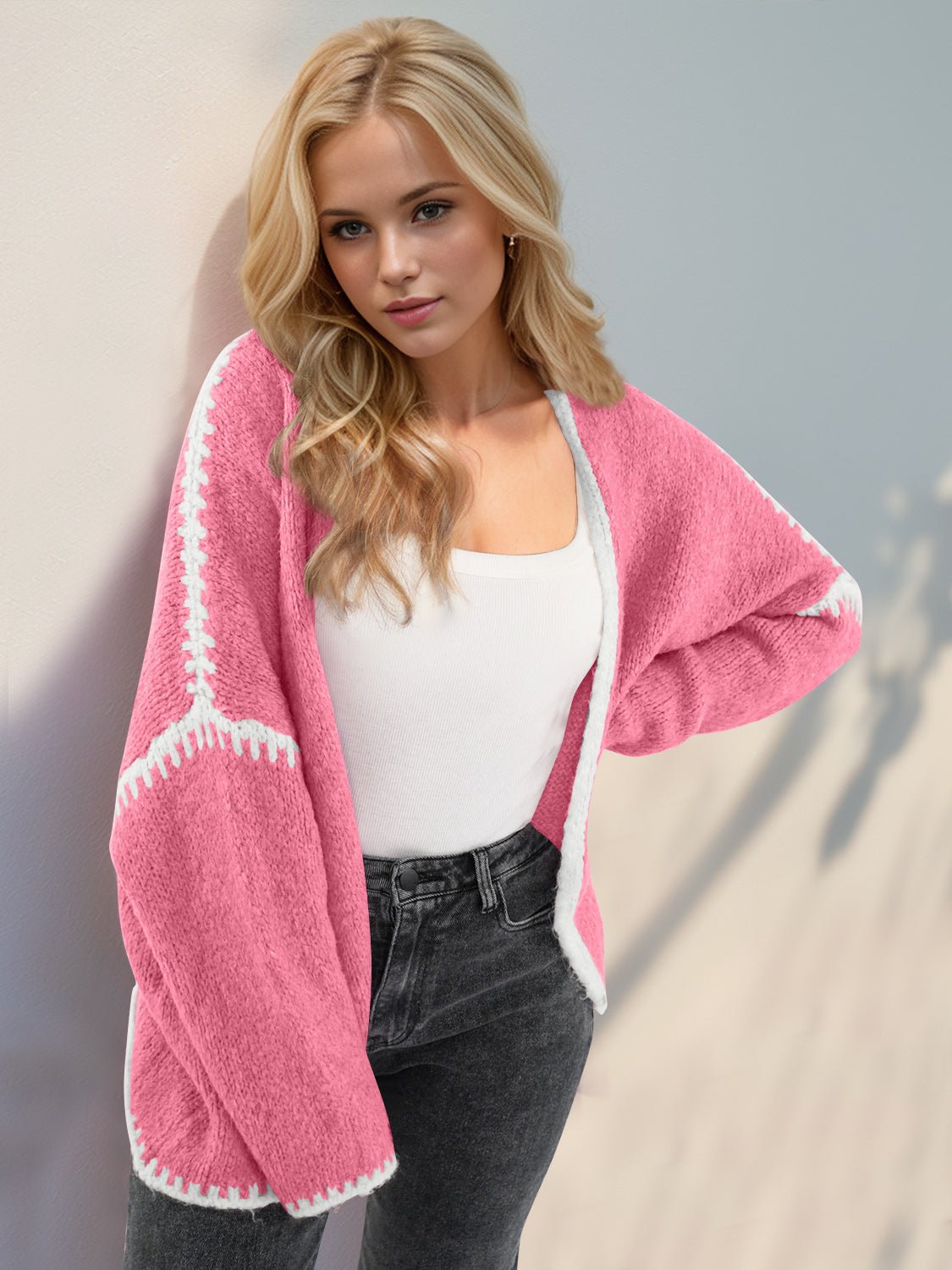 Double Take Contrast Open Front Dropped Shoulder Cardigan - Bitsy Gypsy Boutique