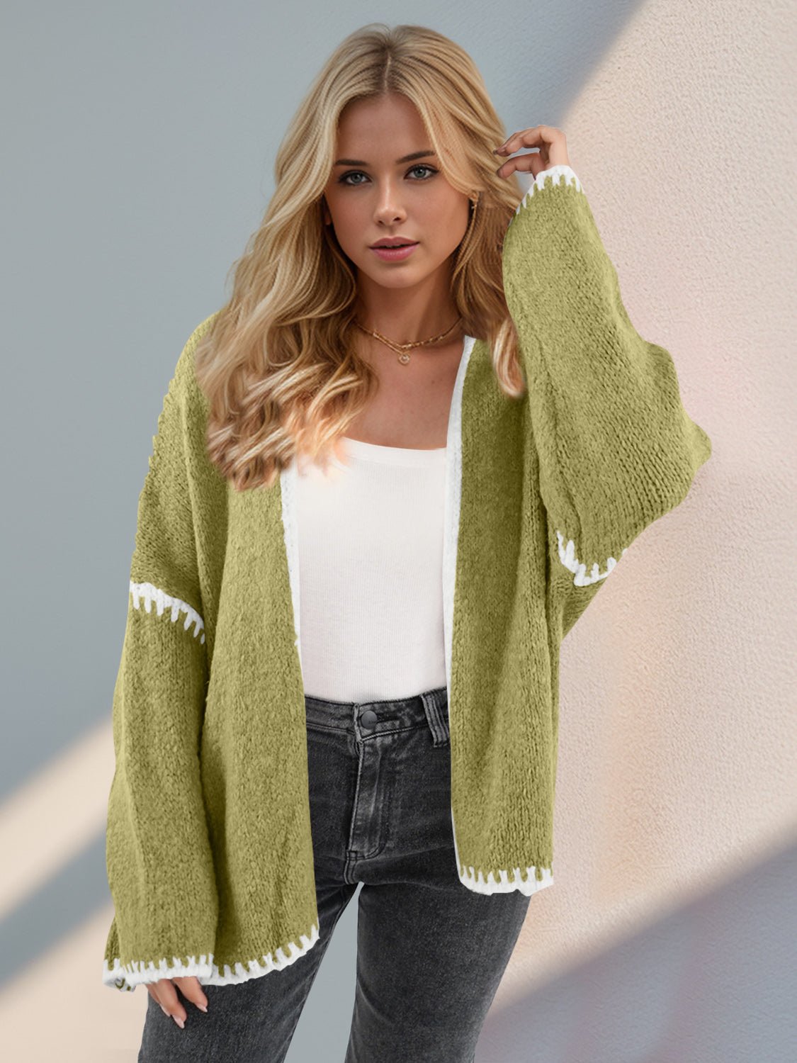 Double Take Contrast Open Front Dropped Shoulder Cardigan - Bitsy Gypsy Boutique