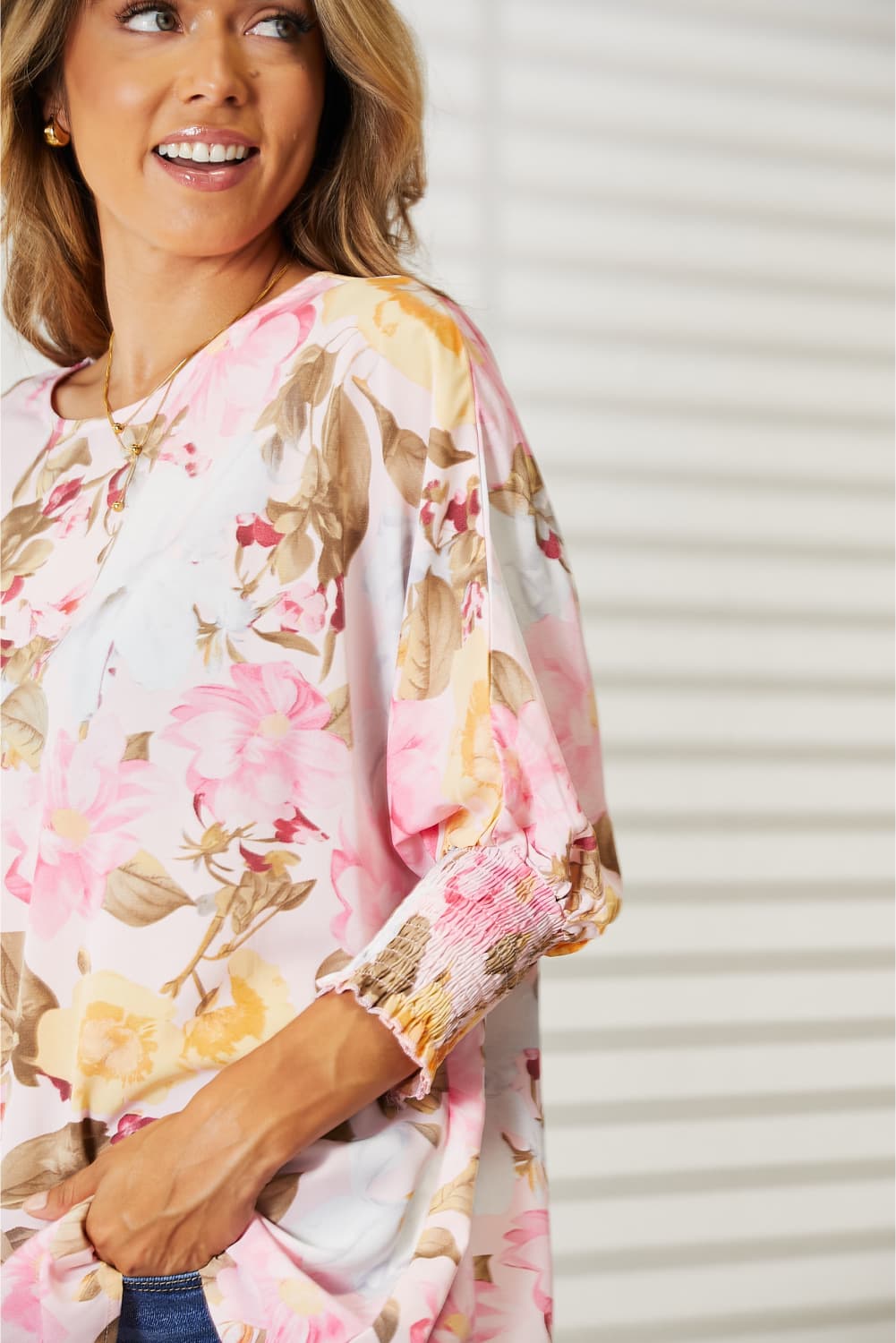 Double Take Floral Round Neck Three - Quarter Sleeve Top - Bitsy Gypsy Boutique