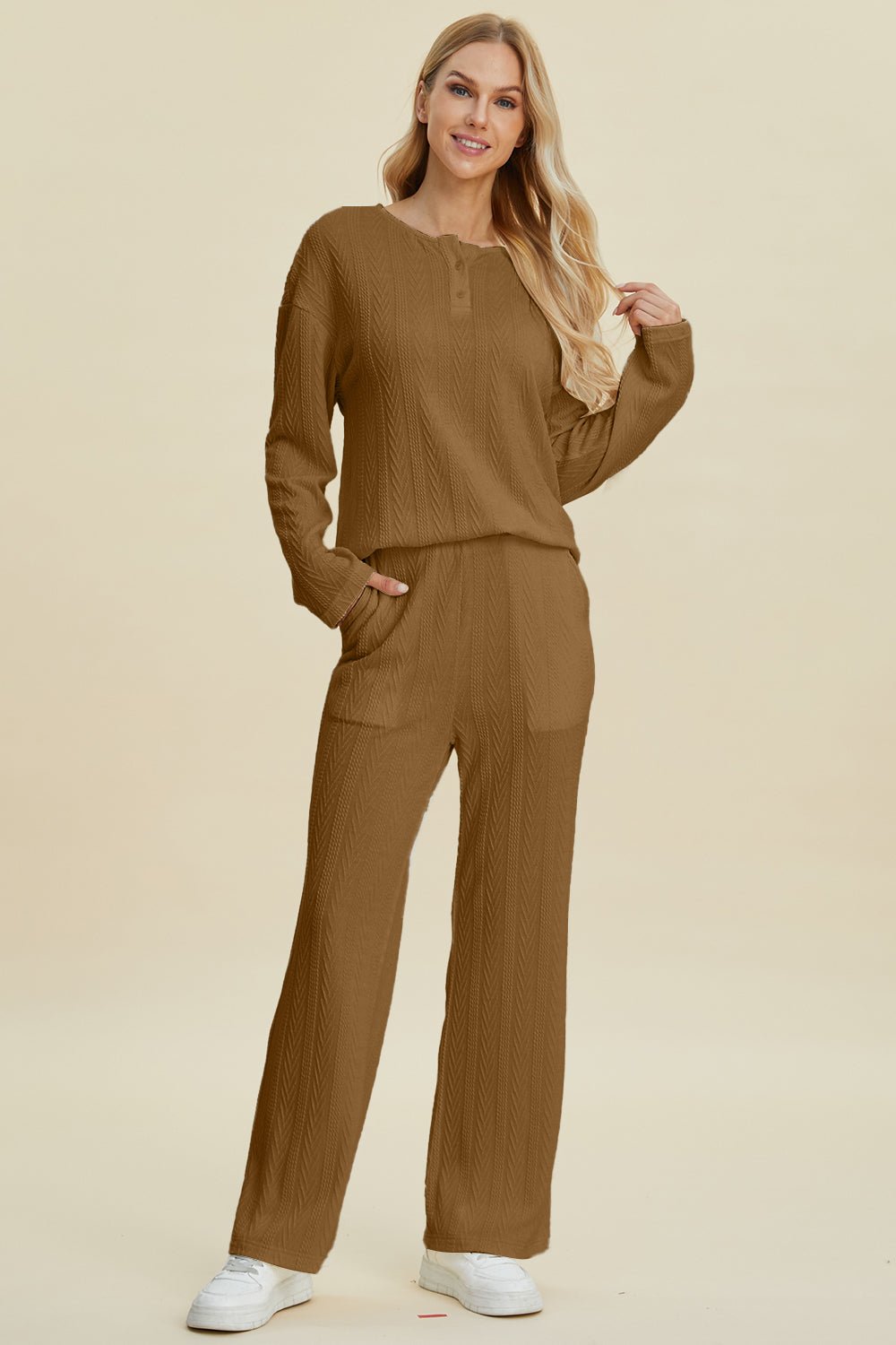 Double Take Full Size Cable - Knit Long Sleeve Top and Pants Set - Bitsy Gypsy Boutique