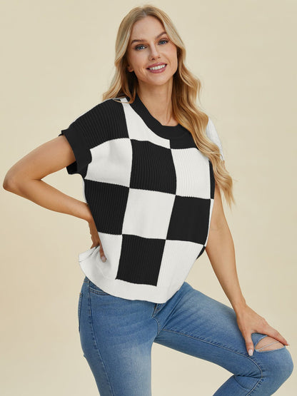 Double Take Full Size Checkered Round Neck Short Sleeve Sweater - Bitsy Gypsy Boutique